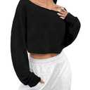 Avanova Women Off The Shoulder Crop Tops Long Sleeve T Shirts Oversized Loose Tee (Small, Black)