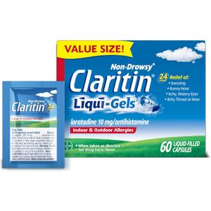 Claritin Allergy Medicine for Adults, 24-Hour Non-Drowsy Loratadine 10mg, Antihistamine, 60 Liquid Gels + 1ct On-The-Go Relief, BBD: 11/2028
