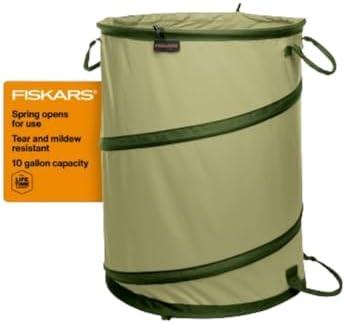 Fiskars Kangaroo Collapsible Garden Bag for Yard Waste, 10 Gallon Reusable Container for Lawn Care and Gardening