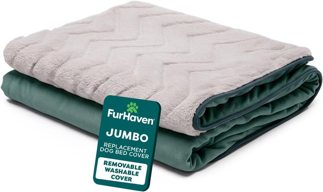 FurHaven Dog Bed Cover Replacement, Sofa-Style Design with Soft, Breathable Fabric for Cozy Comfort, Machine Washable, Jumbo XL, Plush & Velvet Waves, Celadon Green