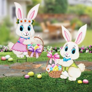 2 x Easter Decorations Outdoor,2 Pack Metal Easter Egg Bunny Yard Signs for Outside,Cute Bunny Garden Stakes for Lawn,Yard,Rabbit Gifts for Women