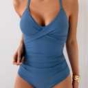 B2prity Women's One Piece Swimsuits Tummy Control Front Cross Bathing Suits Tie Back Slimming V Neck Swimwear (Blue, S)