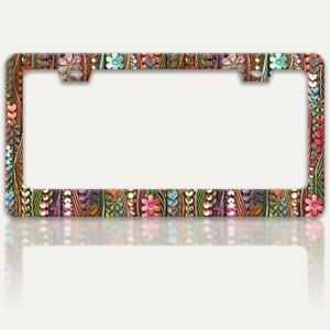 Shell Flower Print License Plate Frame Funny Floral License Plate Holders Stainless Steel Auto Accessory Bracket 2 Hole with Screws for US Vehicles 6x12 Inch for Women Men