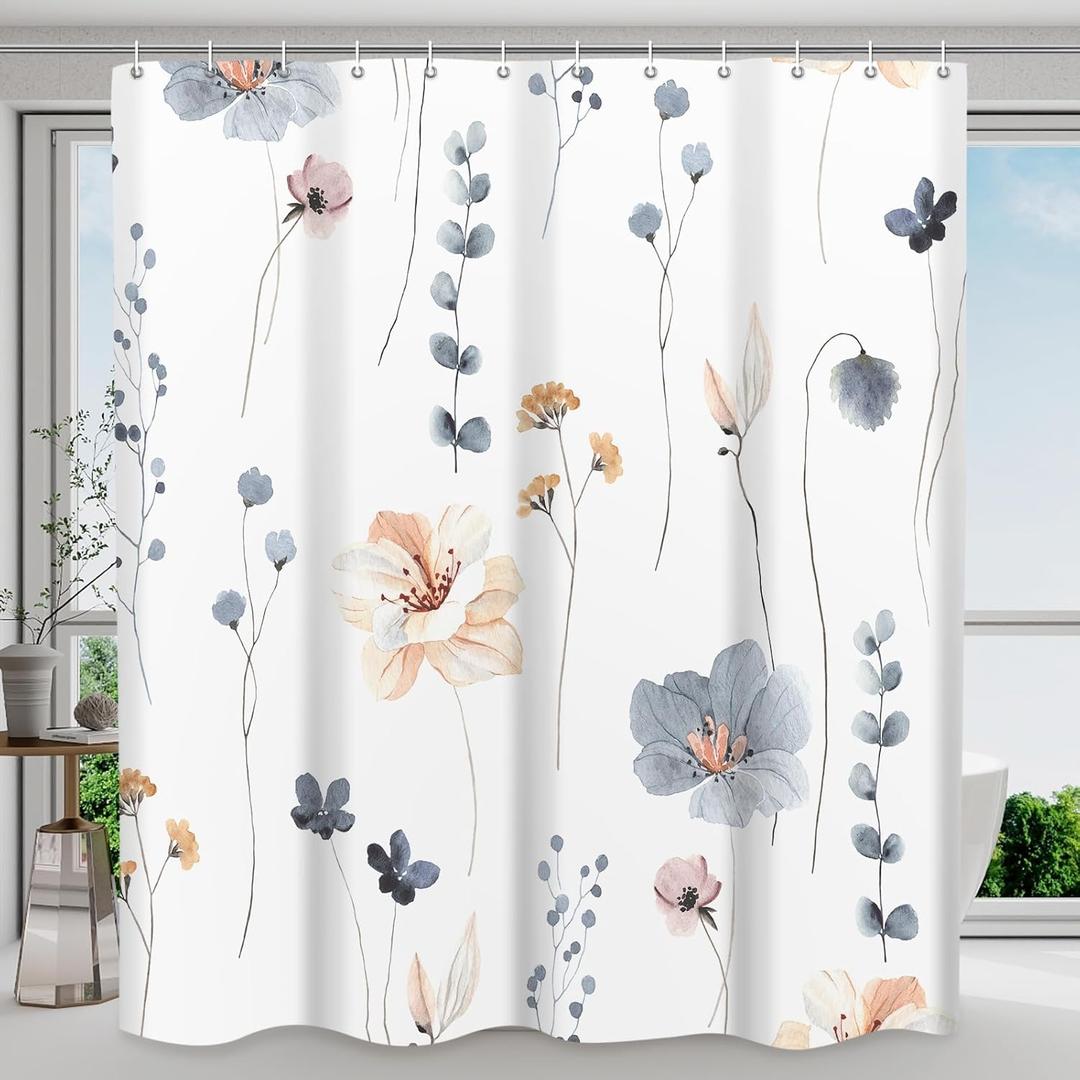 Shower Curtain Watercolor Flower Shower Curtain Sets - Spring Blue Beige Floral Plant Shower Curtains for Bathroom, Washable Modern Farmhouse Decor, 72 x 72