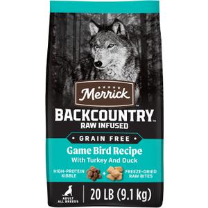 Merrick Backcountry Grain Free Dry Adult Dog Food, Kibble With Freeze Dried Raw Pieces, Game Bird Recipe - 20.0 lb. Bag (No BB Date)