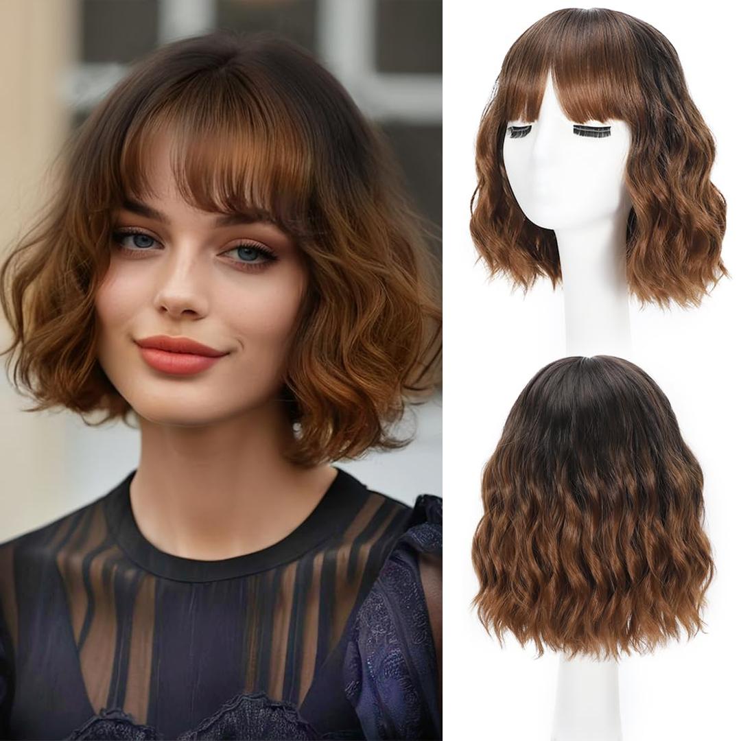 Black To Brown Wigs with Bangs for Women 12 Inch Wavy Shoulder Length Wigs Synthetic Colorful Wigs for Colorful Cosplay and Daily Party & Halloween Use