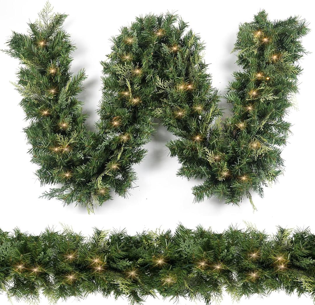Christmas Garland with 50 Lights 9 Ft, Prelit Xnas Garland with Cypress Leaf, Battery Operated Christmas Decor for Mantle Staircase Indoor and Outdoor (RealLiketips-B)