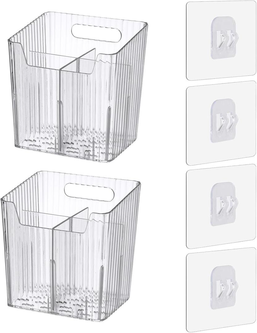 Set Of 2 Storage Organizer Bins Wall Mounted Shower Caddy, Bathroom shelves Stackable Clear Plastic Toothbrush Holder Adhesive Hanging Bin for Bathroom, Kitchen, Cabinet, Shower BPA Free Small (Clear)