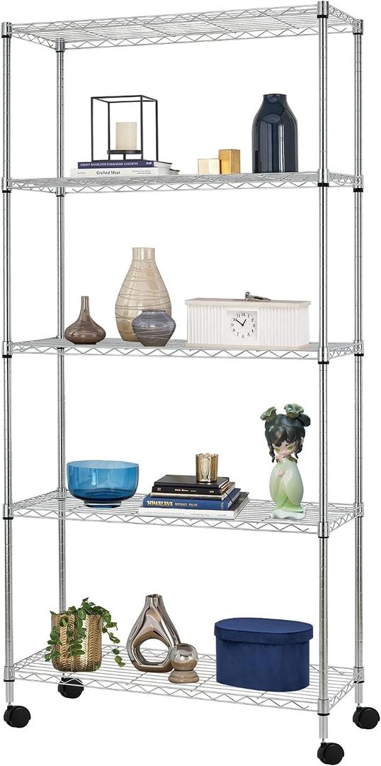BestOffice | 5-Tier Wire Storage Shelves with Wheels | 14x30x60 | Chrome | Adjustable Racks | Heavy-Duty Metal Shelf, Holds Upto 220 lbs | No-Tool Assembly | Ideal for Home & Garage Shelving