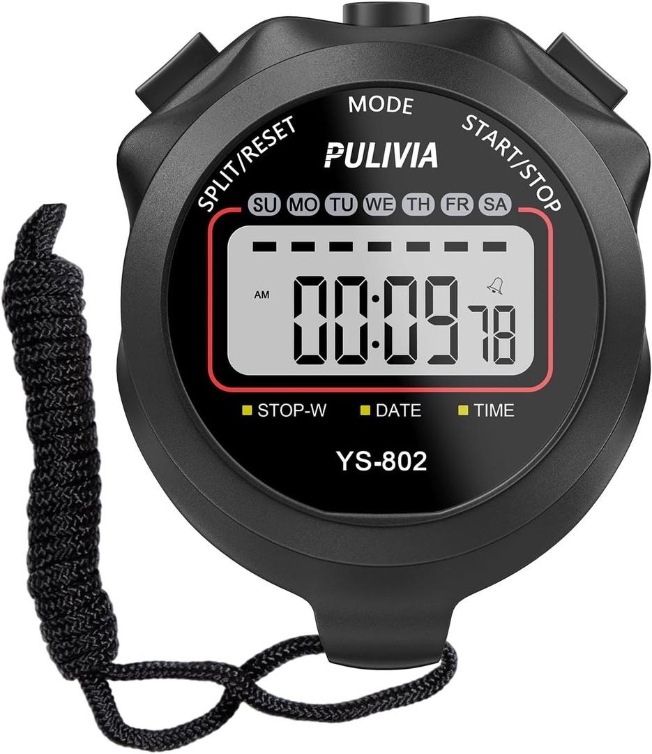 Sports Stopwatch Timer, Single Lap Split Digital Stop Watch for Sports Kids Coaches Swimming Running, Black
