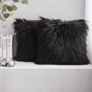 Phantoscope Pack of 2 Faux Fur Solid Throw Decorative Pillow Cover Cushion Covers Luxury Soft Halloween Decorative Pillowcase Fuzzy Pillow Covers for Bed/Couch, Black 18 x 18 Inches