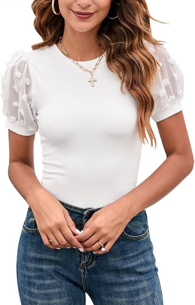 Women's Swiss Dots Sheer Mesh Sleeve Rib Bodysuit Tops Casual Round Neck Form Fitting Knit Jumpsuits Blouse Shirts White Large