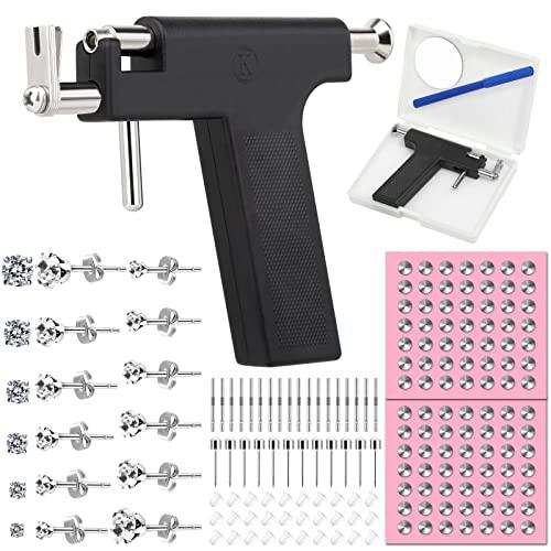 Professional Ear Piercing Gun Kit, Reusable Piercing Gun with Stainless Steel Piercing Earrings Studs, Crystal Earrings for At Home Salon Earlobe Cartilage Helix Tragus Piercing Tool Kit