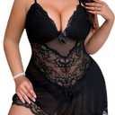 Alrovetoney Women Plus Size Babydoll Lingerie Lace Chemise Mesh Sleepwear Strappy Sexy Nightgown Boudoir Outfit 3XL