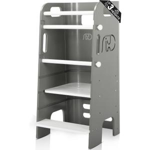 Toddler Tower, 3 Levels Adjustable Height Toddlers Standing Tower, Wooden Toddlers Kitchen Stool for Kids with Removable Safety Rail, Closed Back & Anti-Slip Strips (Gray)