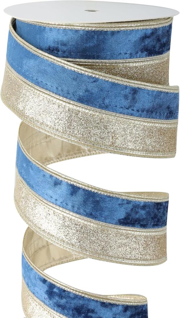 Navy Blue Velvet Wired Ribbon 2.5 Inch x 10 Yards, Champagne Glitter Two Tone Christmas Ribbon for Tree, Wreaths, Bows, Garlands, Gift Wrapping, Wedding Decor