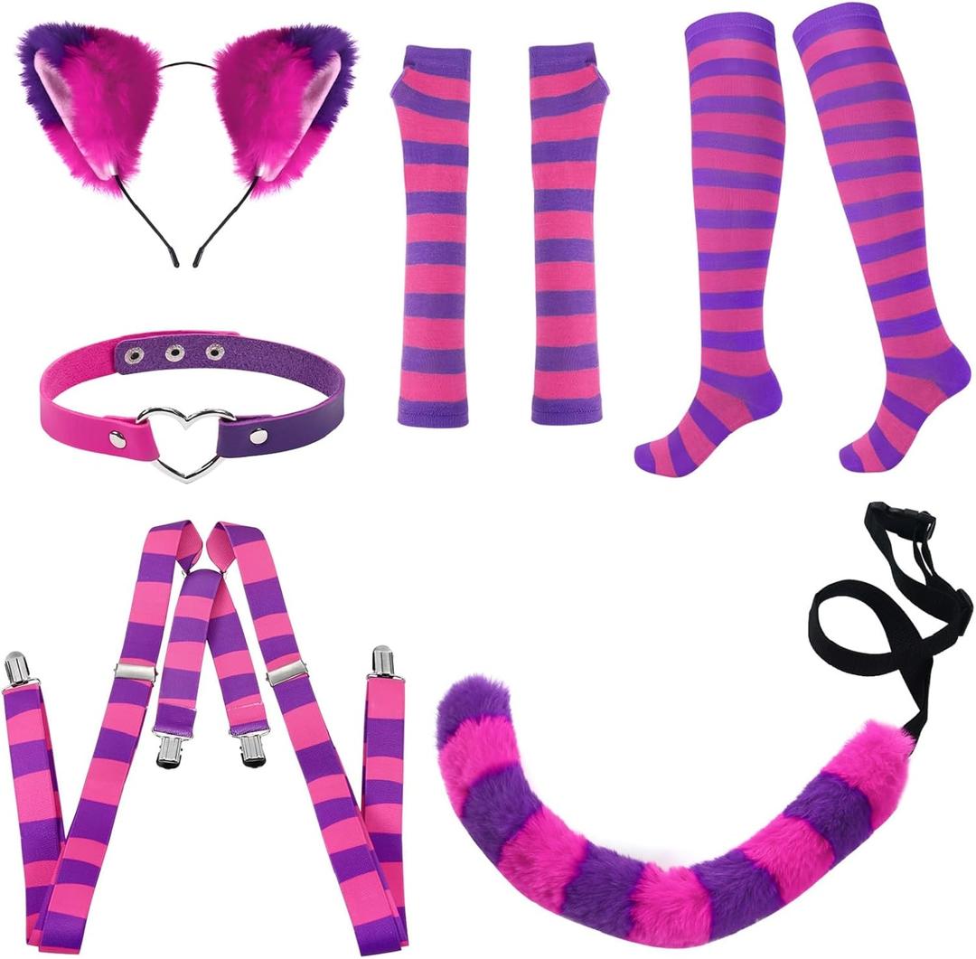 Pink and Purple Striped Cat Costume Accessories, Furry Cat Headband and Tail, Halloween Party Dress Up (Set of 6)