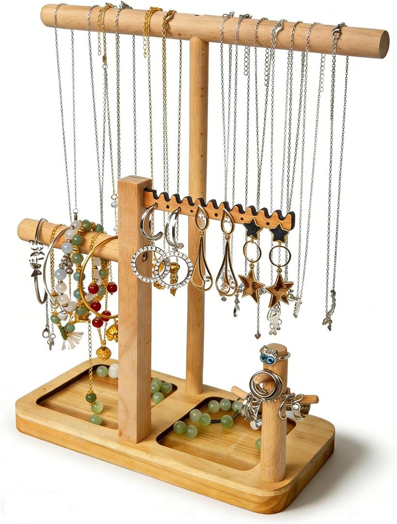 Solid Wood Jewelry Tower Organizer - 3-Tier Tree Holder Stand with 11 Earring Holes, 2 T-bar for bracelets Necklace or watches, Ring Tree & Display Tray (natural wood)