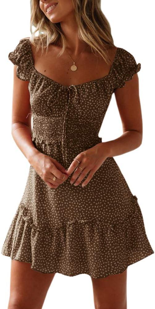 YOBECHO Womens Summer Ruffle Sleeve Sweetheart Neckline Printing Dress Mini Dresses, Large