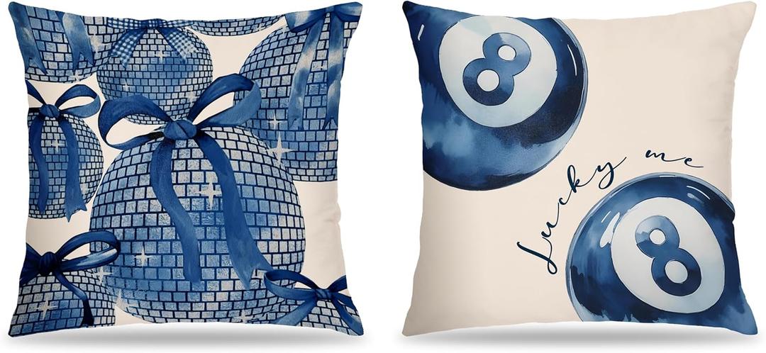 Trendy Blue Coquette Bow Disco Ball Pillow Covers 18x18, Preppy Girly Room Decor, Retro Funky Y2K Lucky 8 Ball Decorative Throw Pillow Covers for Girls Bedroom Dorm Home, Set of 2