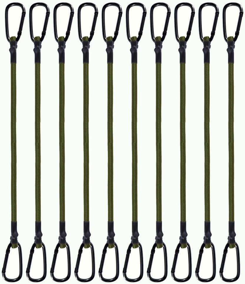 10 Pack Bungee Cords with Carabiner, Heavy Duty Outdoor Bungee Straps with Hooks, 200lbs Industrial Grade Elastic Bungee Rope for Securing Tarps, Backpack, Luggage, Tents, Bikes (Olive Green, 18")