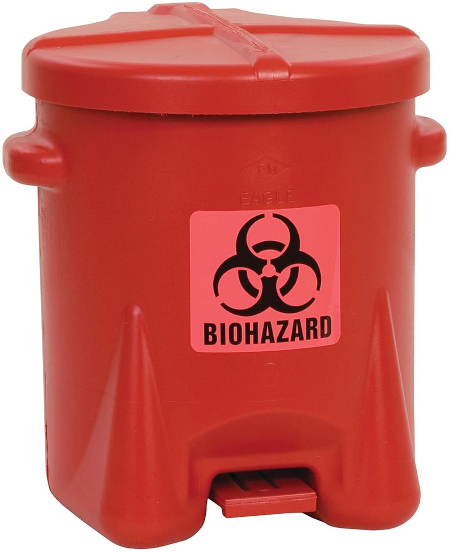 Eagle 6 Gallon Biohazard Trash Can with Foot-Operated Self-Closing Lid, 16.5" x 13.5" x 16", Made in The USA from High-Density Polyethylene, Red, 943BIO