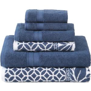 Modern Threads Trefoil Filigree 6-Piece 100% Cotton Towel Set – Reversible Yarn Dyed Jacquard – Includes 2 Bath Towels, 2 Hand Towels, 2 Washcloths – Absorbent, Quick Dry, Soft & Durable – Navy Blue