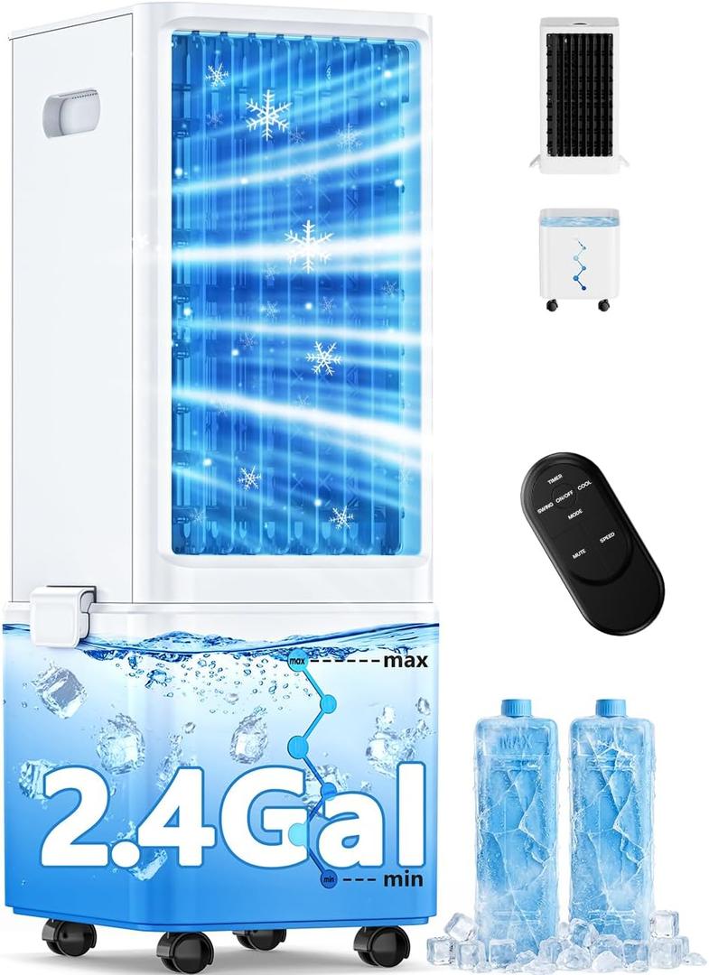 Windowless Air Conditioner w/4 Mode,3 Speed, Waterless Alert,2.4-Gal Tank for 24H Cooling, 12H Timer Swamp Cooler Air Conditioner, 20FT Remote,70 Auto Swing Evaporative Air Cooler for Bedroom