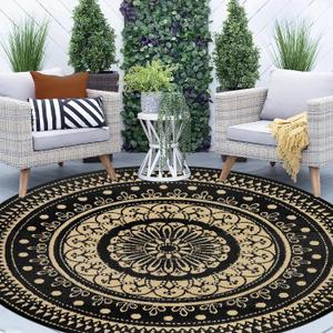 Cekene Round Outdoor Patio Rugs 10Ft Waterproof Reversible Outdoor Rugs with Carry Bags Lightweight Plastic Straw Rugs Portable RV Camping Mat Blue Floor Carpet for Deck Porch Picnic BBQ (Black/Brown)