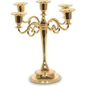 5-Candle Metal Candelabra Candle Holder 10.6 inch Tall Candlestick Holders for Valentine Christmas Home Party Dinning Candle Stand Gold
