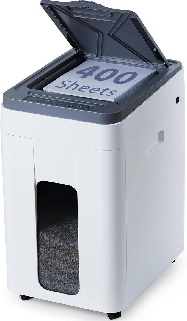 Heavy Duty Paper Shredder: 400-Sheet Auto Feed P5 Micro-Cut Document Credit Card Shredding with Jam-Proof Design for Home Office Business School