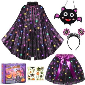 VGOFUN Girls Halloween Costume, Light Up Witch Costume for Girls Dress Up Witch Cape with LED Light Up Tutu Skirt,Spider Headband, Trick or Treat Bucket Bag Gift Toys for Toddlers Ages 3 4 5 6