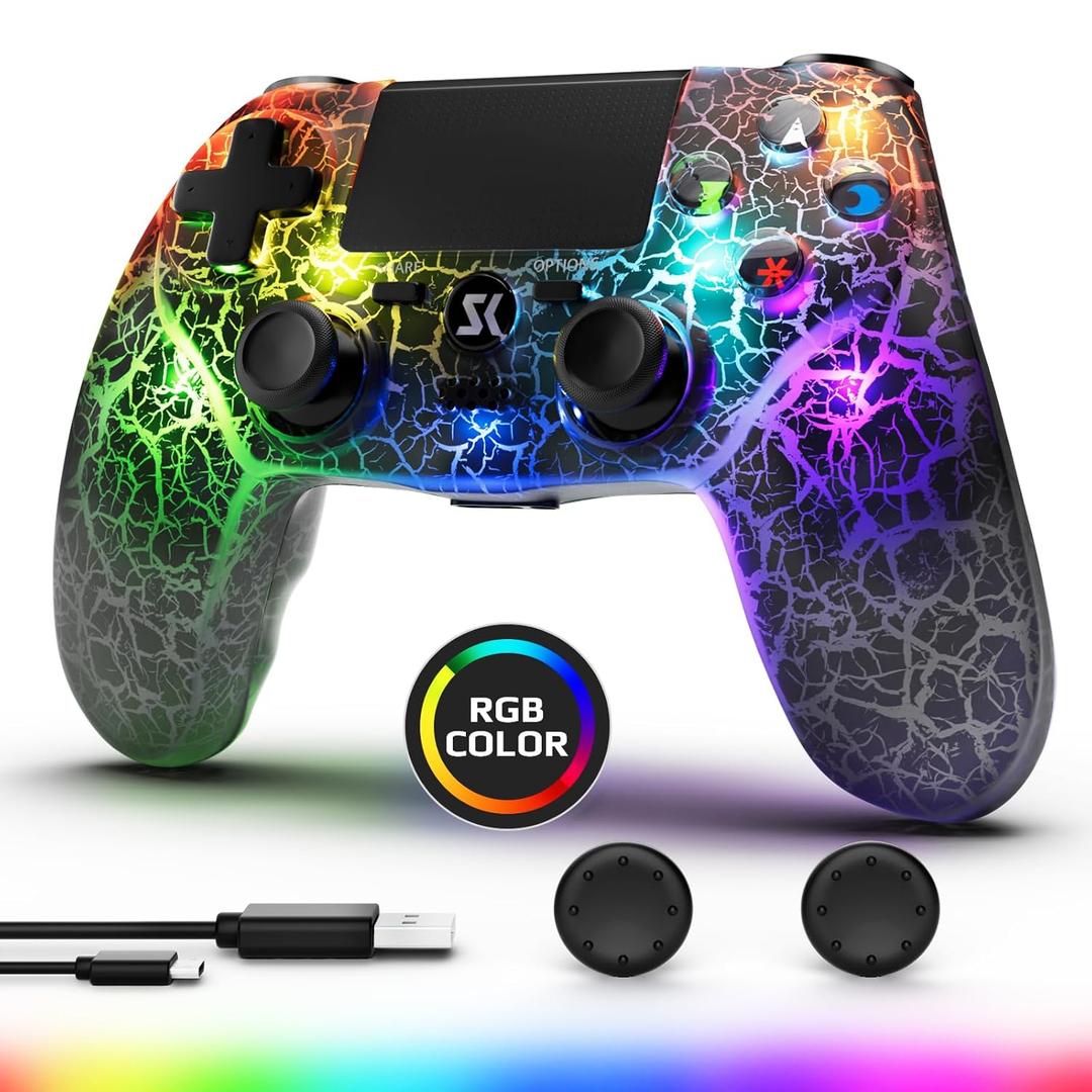 Wireless Controller for PS4, Controller Compatible with PS4/Pro/Slim,Double Shock 6-Axis Motion Sensor, Sensitive Touch Pad, Built-in Speaker & Stereo Headphone Jack (Black Crack RGB Light)