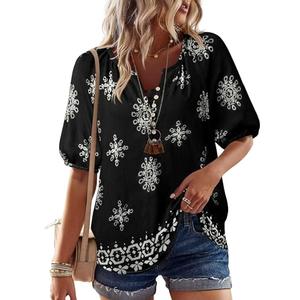 Unixseque Black Blouses for Women: Floral Summer Shirt Boho Cute Tops Lightweight - Beach Vacation Clothes for Women - Flowy Babydoll Tops Ladies Vacation Outfits, Large