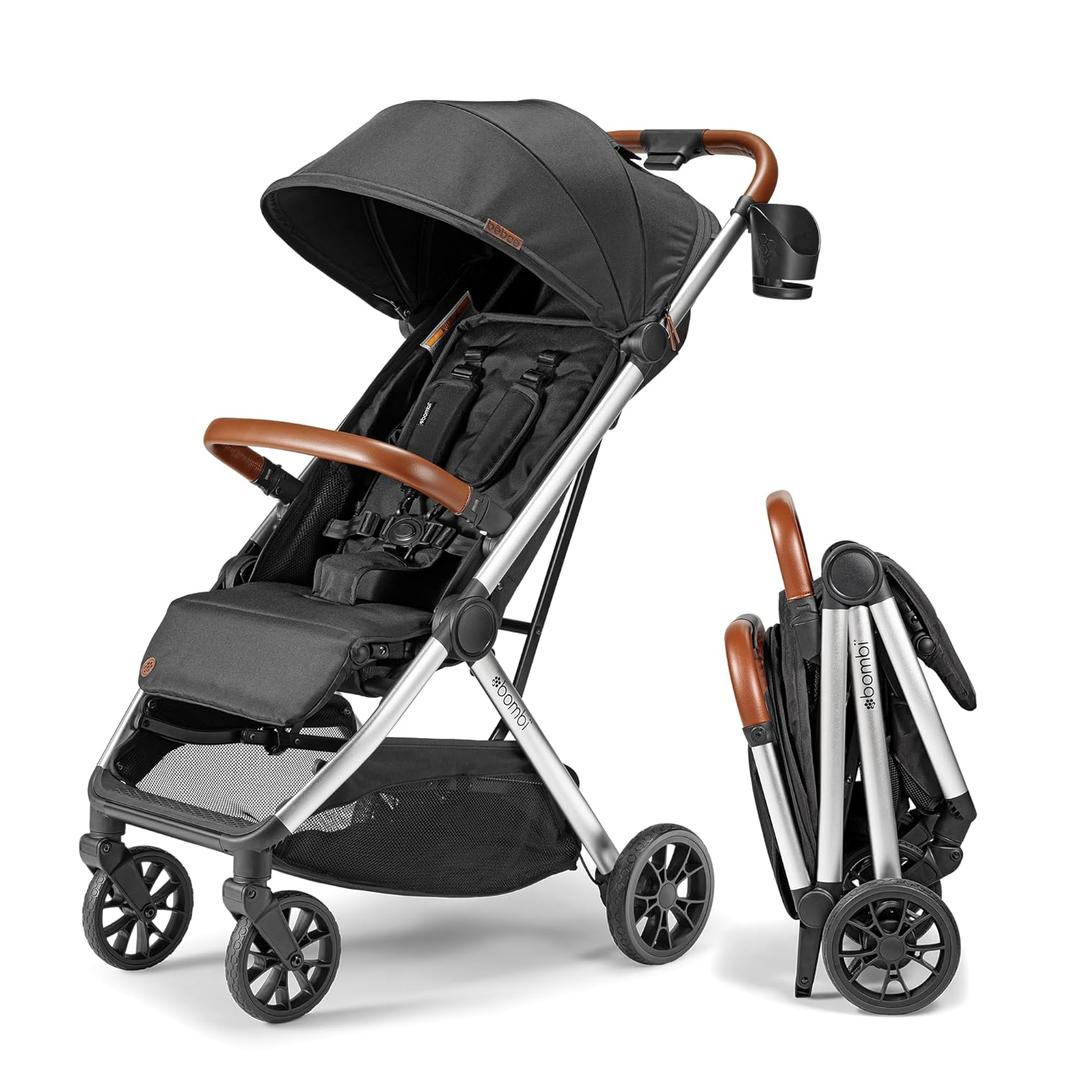 Bombi Bbee V2 Lightweight Baby Stroller - Premium Vegan Leather, One-Hand Fold, Infinite Recline, Aircraft-Grade Aluminum Frame, XXL Canopy, and Ample Storage Umbrella Stroller - Midnight Black