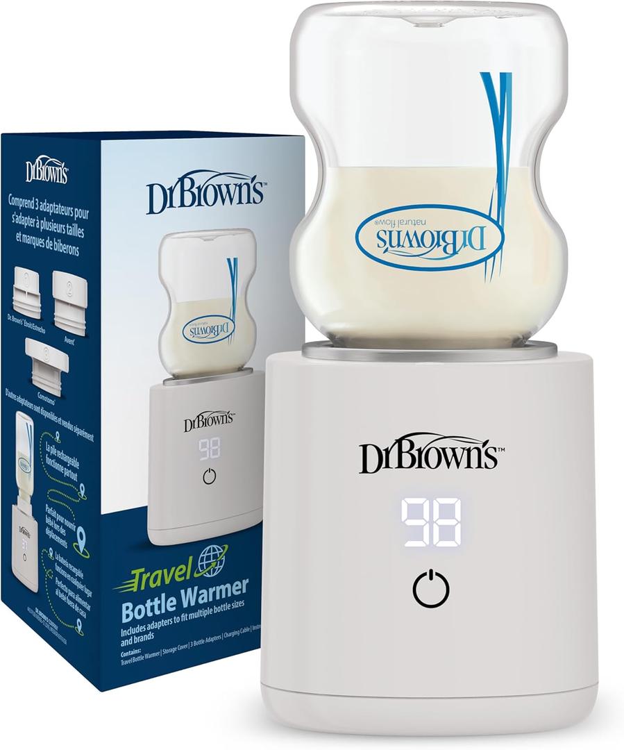Dr. Brown's Travel Baby Bottle Warmer, Quickly Warms Breast Milk and Water for Formula On-The-Go, Portable, Rechargeable, Cordless with 3 Bottle Adapters