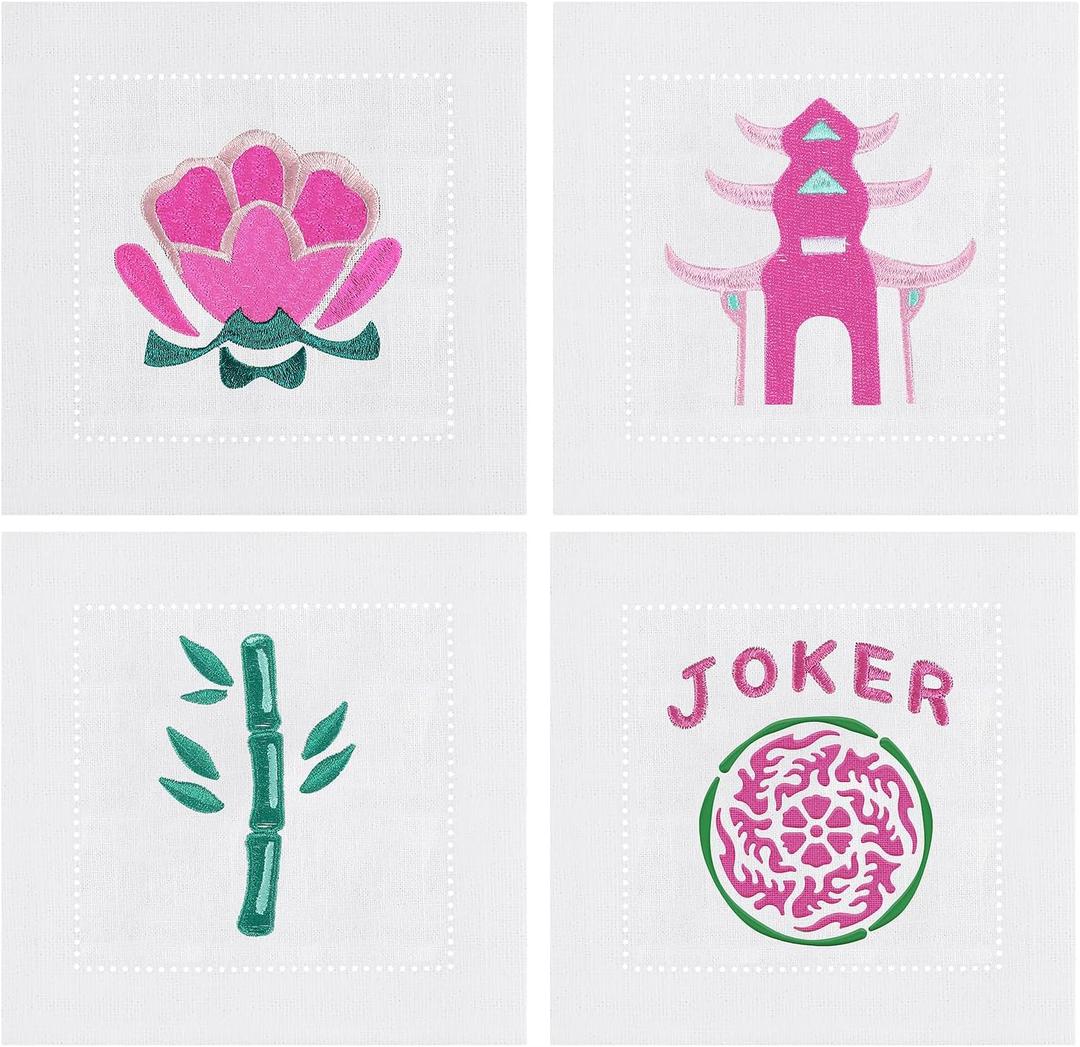 Tingjoo 4 Packs Mahjong Theme Gifts Embroidered Mahjong Cocktail Napkins 6 x 6 Inches Soft Linen Cotton Fabric with Classic Pattern, Hemmed Edge, Reusable Napkins for Mah Jong Parties (Scenery)