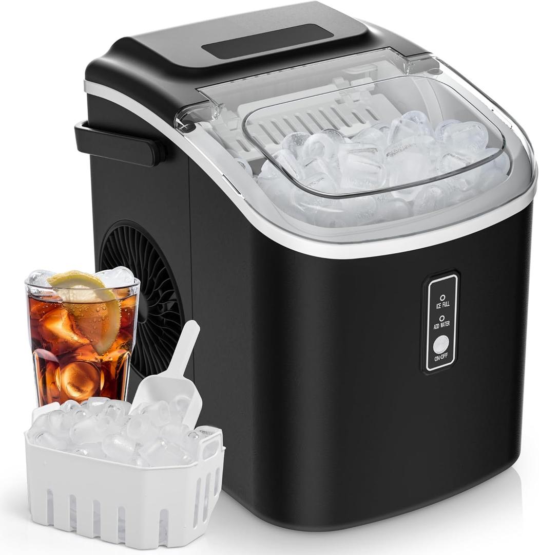 EUHOMY Countertop Ice Maker Machine with Handle, 26.5lbs Per Day, 9 Cubes in 6 Mins, Auto-Cleaning Portable Ice Maker with Basket and Scoop, for Home/Kitchen/Camping/RV (Black)
