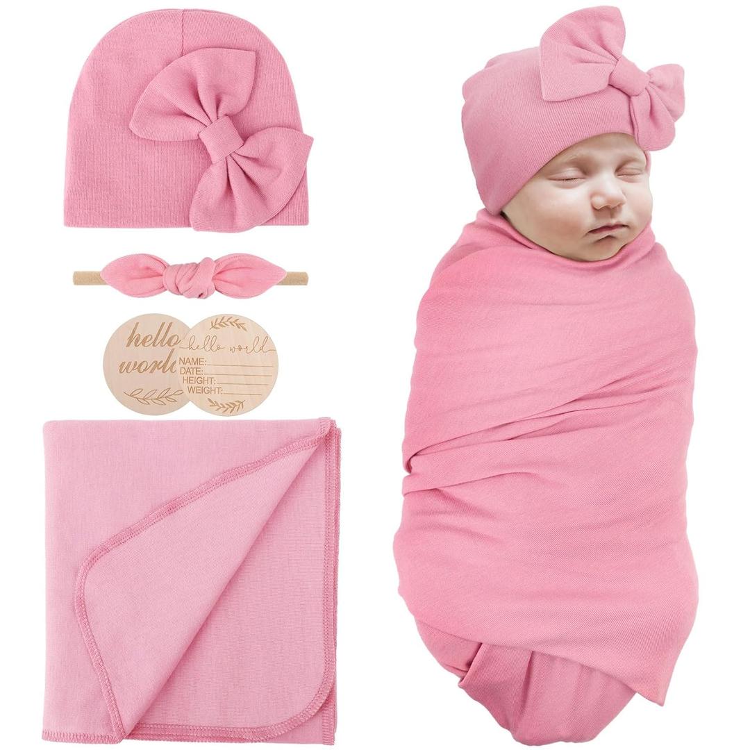 Newborn Receiving Blanket with Bow Hat Headband Wooden Card Set Newborns Toddler Baby Boy Girl Nursery Swaddle Wrap Newborn Receiving Blanket with Bow Hat Headband Wooden Card Set Newborns Toddler Baby Boy Girl Nursery Swaddle Wrap