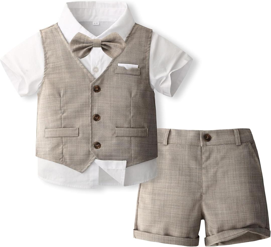 Volunboy Baby Boys Summer Suits Short Sleeve Wedding Ring Bearer Outfits 4Pcs Graduation Dress Vest Shirt Bowtie Shorts Set (3-4T, Khaki) Volunboy Baby Boys Summer Suits Short Sleeve Wedding Ring Bearer Outfits 4Pcs Graduation Dress Vest Shirt Bowtie Shorts Set (3-4T, Khaki)