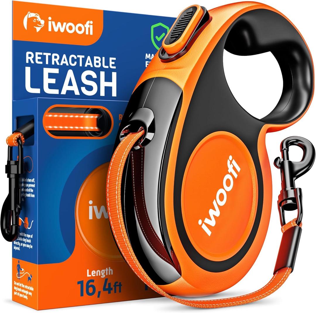 Retractable Dog Leash-16,4 ft' Reflective Strong Nylon Tape-Dogs Leashes Retractable for Small Medium Large Dogs up to 110 lbs-Heavy Duty Dog Leash with Anti-Slip Soft Grip-360 Tangle-Free (Orange)