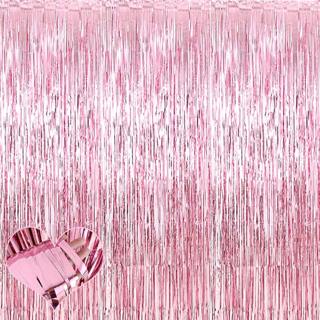 4 Pack Pink Fringe Curtain Backdrop, 3.2Ft x 8.2Ft Metallic Tinsel Foil Fringe Streamers Background for Photo Booth Birthday Wedding Baby Shower Carnival Easter Mothers Day Party Decorations