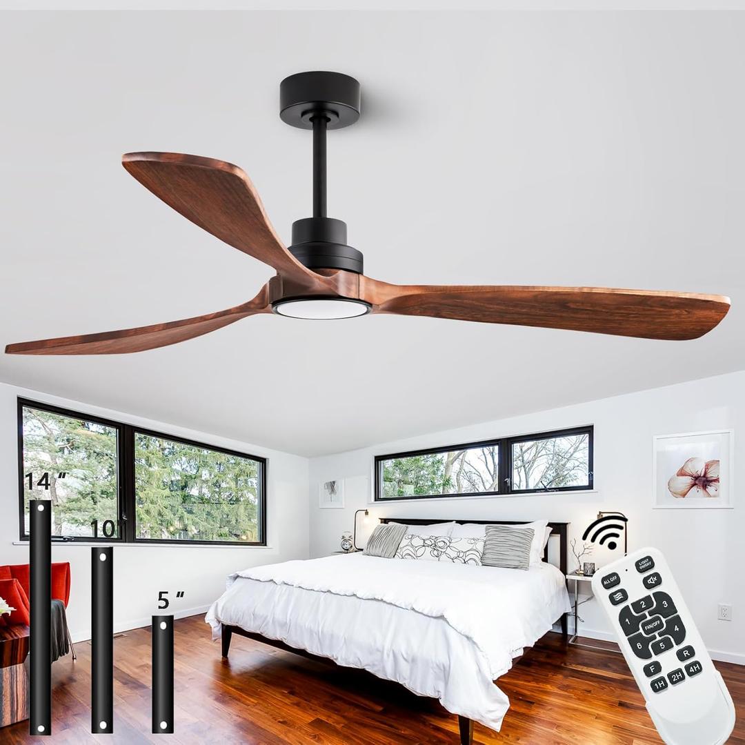 60" Ceiling Fans with Lights with Remote Control, Indoor Outdoor Wooden Ceiling Fan with 3 Wooden Blades for Patio, Living Room, Office, Farmhouse, etc. (Black + Walnut)