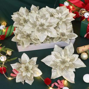 Alupssuc 24PCS 6"& 9" Champagne Gold Artificial Poinsettia Christmas Flowers, Glitter Faux Ornaments for Xmas Tree Wreath Garlands New Year Home Decor, Champagne Gold