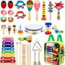 Kids Musical Instruments, 33Pcs 18 Types Wooden Percussion Instruments Tambourine Xylophone Toys for Kids Children, Preschool Education Early Learning Musical Toy for Boys and Girls (Rainbow)