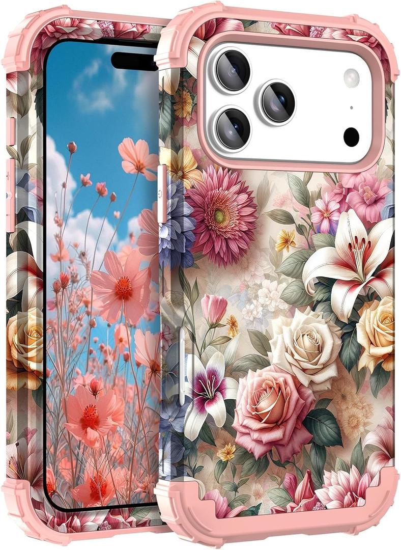 Hocase Heavy Duty Case for iPhone 17 Pro 6.3"", Rose Flowers | Shockproof Protection Soft Silicone Rubber+Hard Plastic Bumpers Hybrid Protective Case for Women & Girls