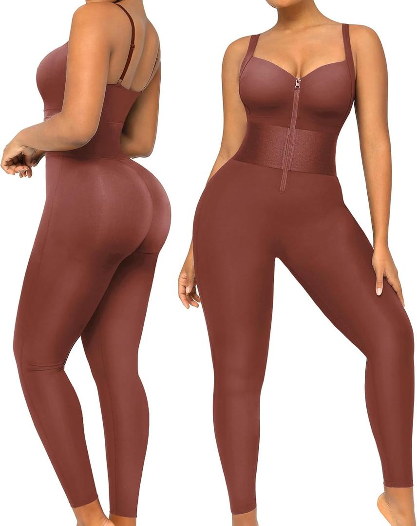 SHAPELLX Jumpsuits for Women Tummy Control One Piece Outfit Yoga Athletic Rompers Sleeveless Bodycon Shapewear (Brown), XL