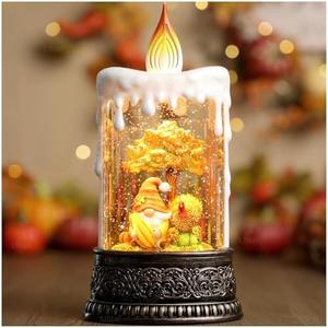 Lffital Fall Snow Globe Lantern Fall Decor Candle Shape with Gnome and Turkey, Lighted Thanksgiving Decorations with Timer Swirling Glitter for Tabletop Autumn Festival Harvest Day