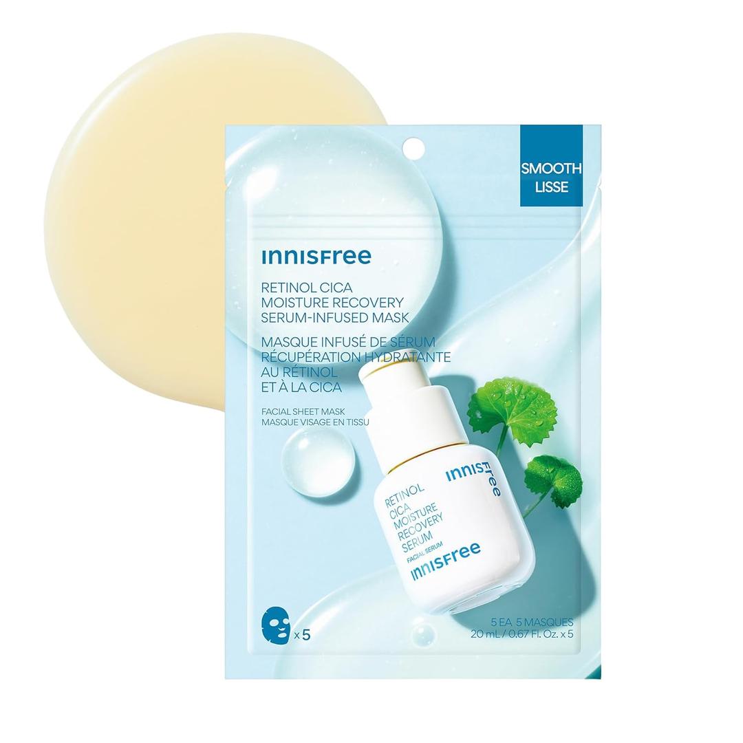 innisfree Retinol Cica Recovery Serum-Infused Mask, 5 Pack Sheet Masks for Soothing & Hydrating, Ideal for Dry, Oily, and All Skin Types