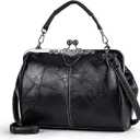 Women Vintage Hollow Handbag Oil Leather Shoulder Crossbody Bag Clutch Satchel Purse with Kiss Lock Closure (Black)